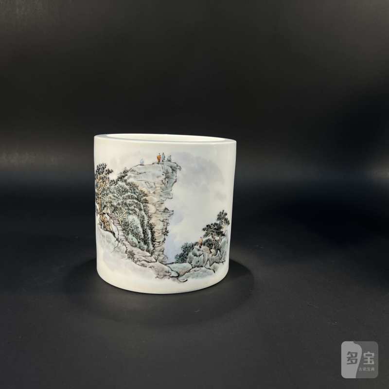 当代 王锡良粉彩山水人物纹笔筒；书法一副